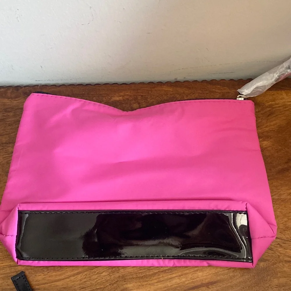 New Lancome 3 PC Cosmetic Travel Bag Set Spring or Summer Pink Orange Floral Swi
